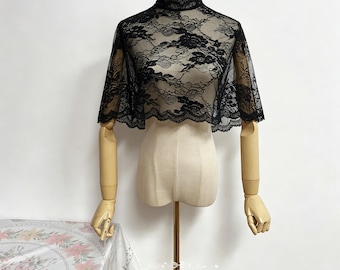 Black Lace Cape Bridal Top, Halloween Gothic Wedding Shawl Wrap, High Neck Design, Satin Buttons, Custom Length