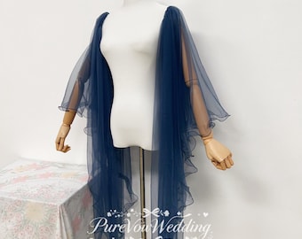 Dark Blue Detachable Ruffled Tulle Long Flowy Sleeves, Sheer Mesh Shoulder Wrap Sleeves ,Arm Covers,Custom All Colors