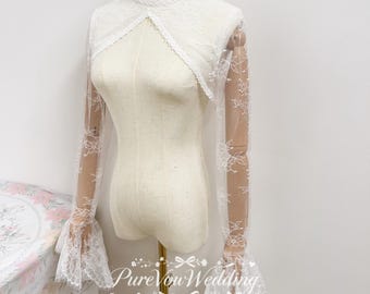 Vintage Detachable Chantilly Lace Top Bell Sleeves For Wedding Dress,Elegant High Neck Bridal Top, Satin buttons,Custom Size