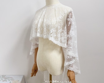 Elegant Lace Cape Bridal Top, Wedding Shawl Wrap, Shoulder Cover, Satin Buttons, Custom Length
