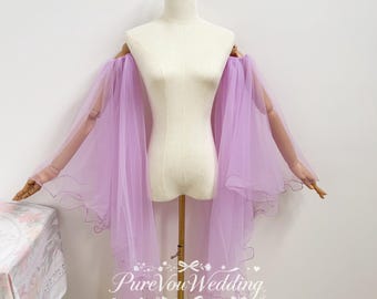 Light Purple Detachable Ruffled Tulle Long Flowy Sleeves, Sheer Mesh Shoulder Wrap Sleeves ,Arm Covers,Custom All Colors