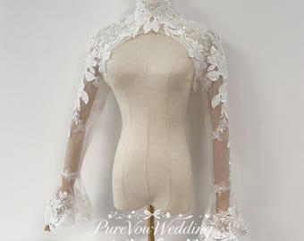 Detachable Beaded Lace Sleeves For Wedding Dress,Elegant High Neck Bridal Top, Custom Size