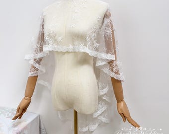 Lace Cape Bridal Top, Wedding Shawl Wrap, Shoulder Cover, Satin Buttons, Custom Length