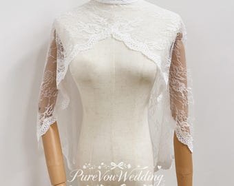 Lace Cape Bridal Top, Wedding Shawl Wrap, High Neck Design, Pearls Buttons, Custom Length