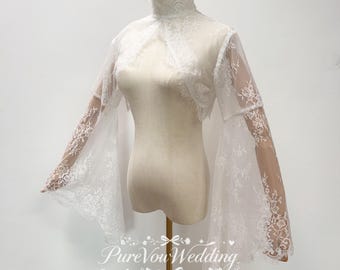 Vintage Detachable Chantilly Lace Top Bell Sleeves For Wedding Dress,Elegant High Neck Bridal Top, Satin buttons,Custom Size