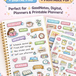 Puede incluir: Un planificador abierto con pegatinas coloridas, que incluyen frases como "To Do List" y "Goals", e ilustraciones bonitas. La imagen también muestra el texto "150+ Planner Stickers". El planificador está encuadernado con una espiral dorada.