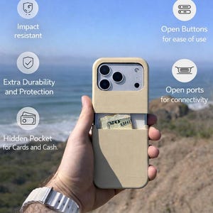 Peut inclure: Coque de téléphone beige avec une poche cachée pour cartes et argent. La coque "H-Case" est résistante aux chocs, durable, avec des boutons et ports ouverts. Le texte "Simplify your Wallet" est également visible.