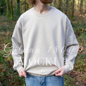 PSD Gildan 18000 Sand Mockup | Smart Object Crewneck Sweatshirt | Real Fabric Displacement Map | Oversized Outdoor Streetwear Male Model