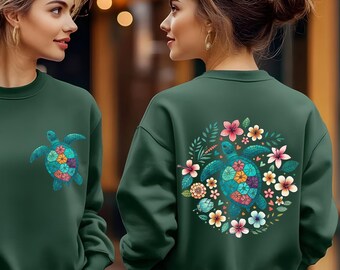 Sudadera con estampado de tortugas en acuarela, camiseta floral marina, camiseta colorida del mar, camiseta de la vida marina, sudadera playera, regalo de verano costero