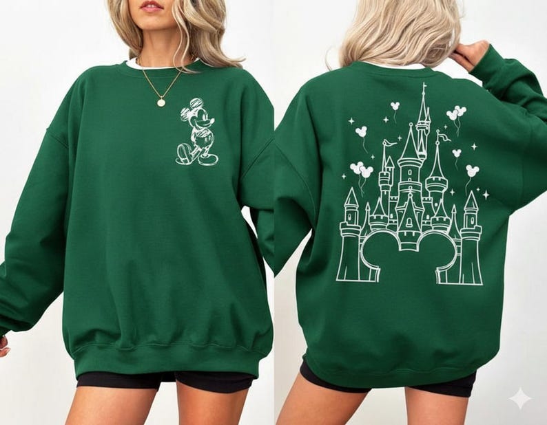 Retro magical castle sweatshirt inspired by Magic Kingdom and Walt Disney World, featuring a vintage style fairytale castle graphic with soft pastel tones, sparkling star details, and a cozy relaxed fit, perfect for Disney girls trips, family vacations, matching group outfits, birthday girl or birthday boy celebrations, and unforgettable theme park memories filled with magic, laughter, and castle dreams.