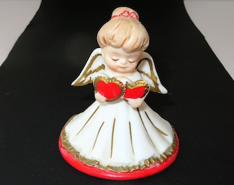 Lefton angel figurine, Valentine's Day decor, ceramic angel holding 2 hearts, home decor, collectible figurines, no. 2774, love and romance