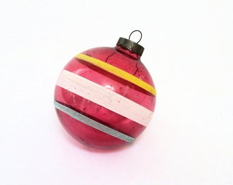 vintage unsilvered glass ornament, red with stripes, 3 inches wide, Christmas ornament, collectibles, marked US of A, ornaments