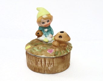 vintage Homco trinket dish, pixie/elf mushroom lid, ceramic, collectible, fairy garden, home decor, ring dish