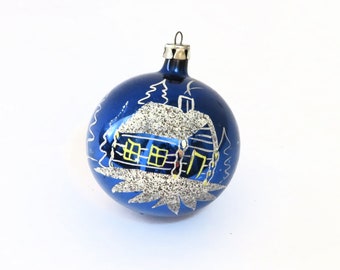 vintage glass ornament, royal blue with stenciled white cottage, Winter scene, Poland, Christmas ornaments, collectible gift ornament