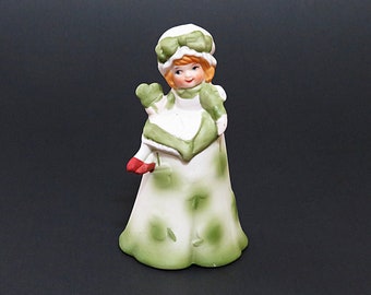 vintage bell girl with shamrock, Irish girl figurine, green white ceramic bell, collectible bells, St. Patrick's Day gift, figurines