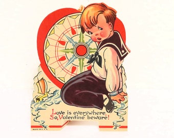 vintage Valentine's Card, 1950s, stand up card, boy sailor, ephemera, Valentine, Valentine's Day greeting card, Love is everywhere, USA made