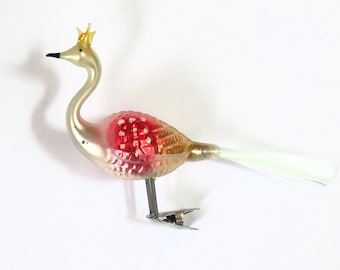 Vintage glass peacock clip on ornament, silvery white and pink, spun glass tail, 7 inches wide, peacock ornament, Christmas tree decor
