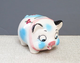 vintage pig figurine piggy bank, made in Japan, mid century, 5.5" wide, ceramic, painted pink blue & flowers, collectible piggy banks