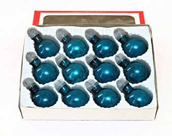 Vintage small ROYAL BLUE glass ball ornaments each 1", box of 12 feather tree ornaments, hand painted glass balls, Christmas decor, orig.box