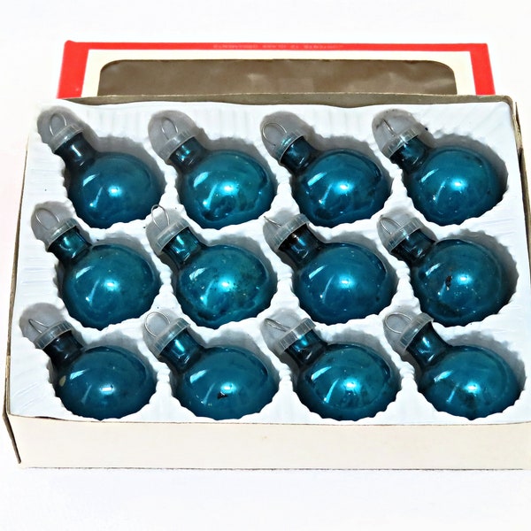 Vintage small ROYAL BLUE glass ball ornaments each 1", box of 12 feather tree ornaments, hand painted glass balls, Christmas decor, orig.box