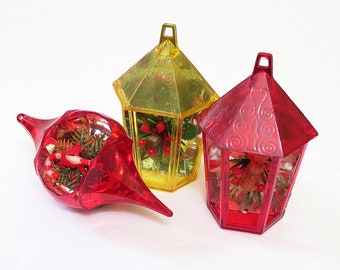 3 vintage Jewel Brite Christmas ornaments, dioramas, 2 lanterns, 1 teardrop shape, hard plastic, mid century ornaments, vintage Christmas