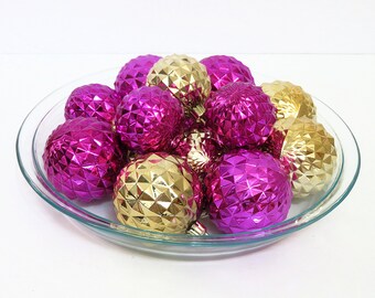 Vintage Bradford ornaments, 8 purple/red, 6 gold color, faceted, 2 sizes, unbreakable ornaments, Christmas ornament, disco balls