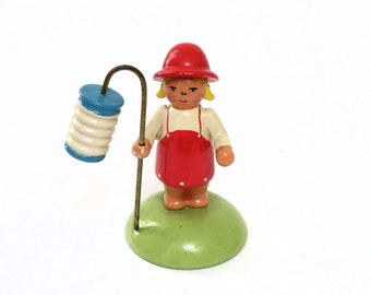 vintage Expertic Erzgebirge figurine, girl with lantern, wooden figurines, collectibles, hand painted, GDR, East Germany, German, home decor