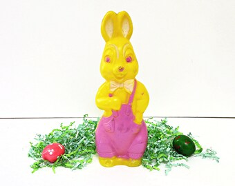 Vintage bunny blow mold figurine / bank, 10" tall, coin banks, Easter decor, vintage Easter, yellow bunny, collectibles