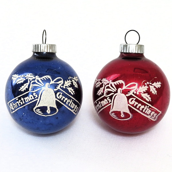 2 Shiny Brite glass ornaments, 2 inches, stenciled bell & Christmas greetings, deep red and royal blue, collectible ornaments, Christmas