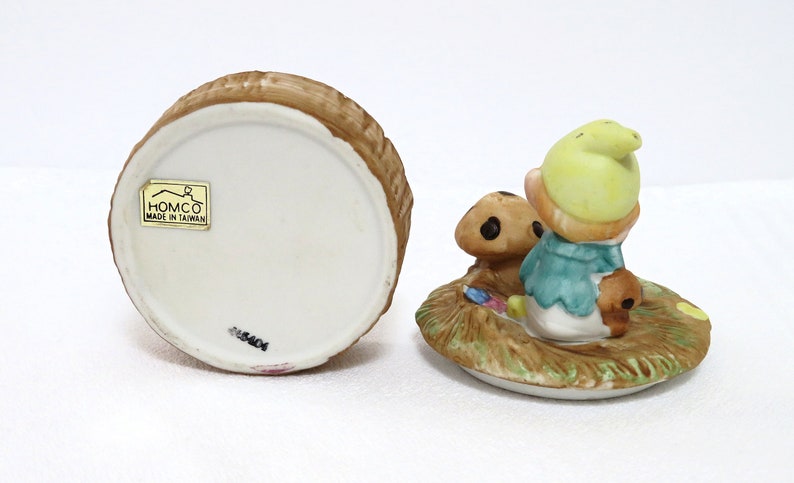 vintage Homco snuisterijschotel, pixie/elf paddestoeldeksel, keramiek, collectible, sprookjestuin, woondecoratie, ringschotel afbeelding 3