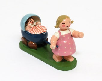 Vintage German Erzgebirge girl figurine, Expertic, East Germany, wooden handcrafted girl with baby doll pram, collectible figurines