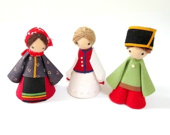 3 vintage figurines, felt fabric paper mache, ethnic, Russian, Eastern European, hand crafted, home decor, collectible figurines