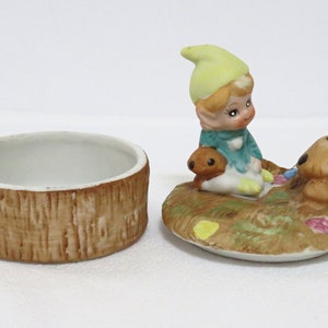 vintage Homco snuisterijschotel, pixie/elf paddestoeldeksel, keramiek, collectible, sprookjestuin, woondecoratie, ringschotel afbeelding 2