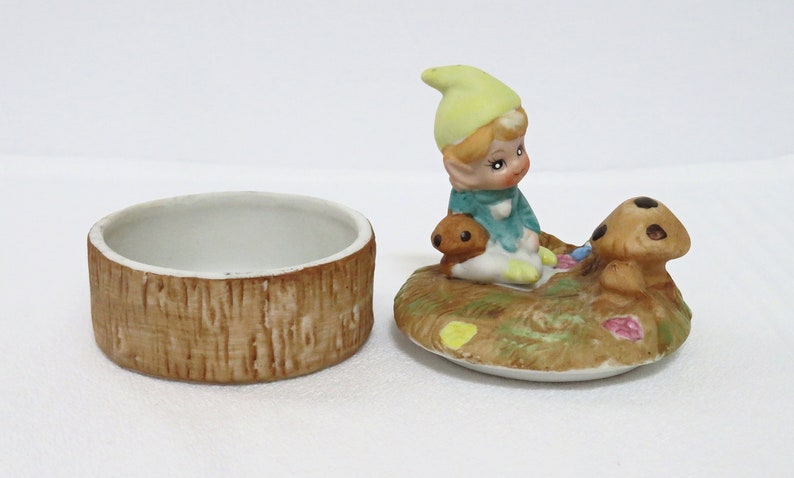 vintage Homco snuisterijschotel, pixie/elf paddestoeldeksel, keramiek, collectible, sprookjestuin, woondecoratie, ringschotel afbeelding 2