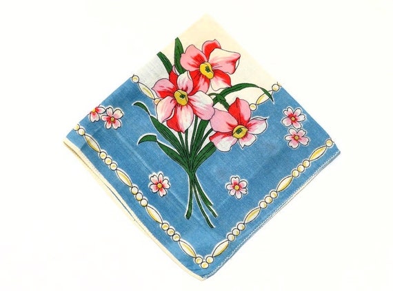 vintage handkerchief, blue, pink daffodils, flora… - image 1