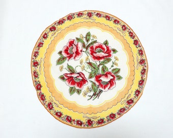 vintage handkerchief, round, floral, red anemone flowers, collectible hankie, accessory, fine cotton
