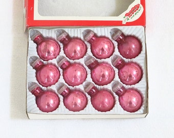 Vintage small PINK glass ball ornaments each 1", box of 11 (one missing)  feather tree ornaments, hand painted glass ball, Christmas decor