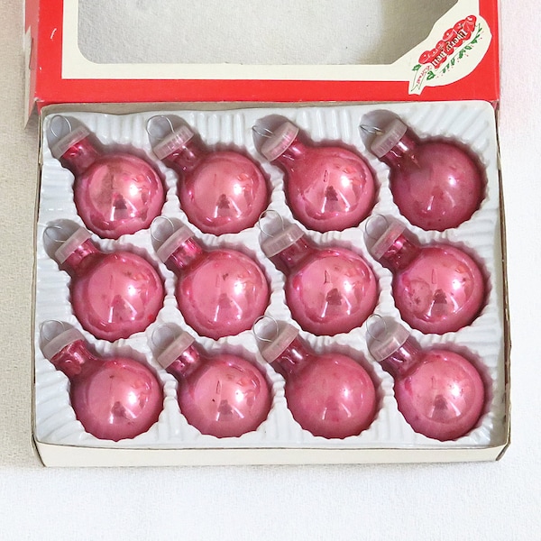 Vintage small PINK glass ball ornaments each 1", box of 11 (one missing)  feather tree ornaments, hand painted glass ball, Christmas decor
