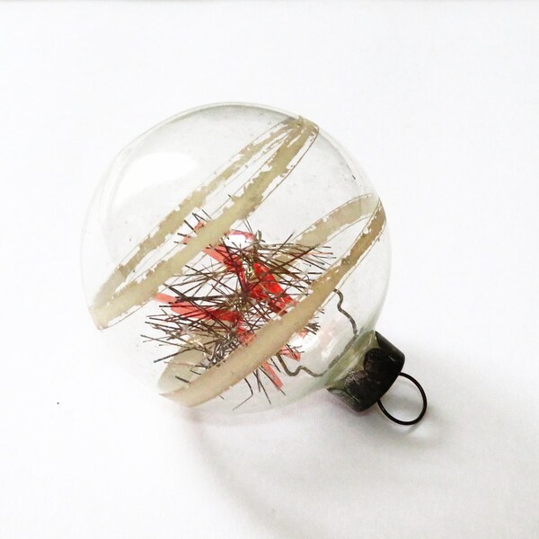 WWII Era Christmas Ornament, Unsilvered Glass with Tinsel, 2" Collectible