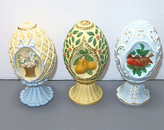 Seasons Treasures Egg Collection, Avon, Lot of 3 Easter eggs on stands, 5" tall, vintage Easter decor, decorative Easter eggs, collectibles