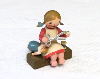 vintage Erzgebirge figurine, Expertic, girl with doll and scissors, made in DDR East Germany, collectible figurines, wooden, hand crafted