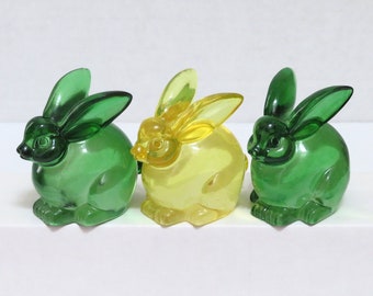 3 vintage lucite bunny figurines, green and yellow, bunnies, home decor, collectibles, Easter decor, knick knacks