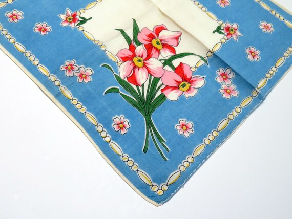 vintage handkerchief, blue, pink daffodils, flora… - image 3