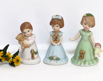 3 birthday girl figurines, Growing Up by Enesco 1982, 1 - 2 - 3 years old, birthday figurines, Lot of 3, little girls, collectibles