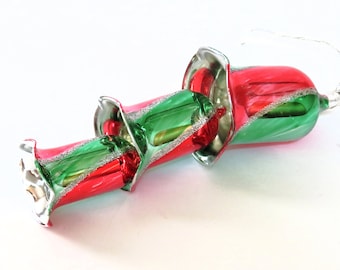 Vintage glass nesting bells ornament or wind chimes, Christmas ornaments, 3 very fine bells with a lovely sound, red green & silver mica