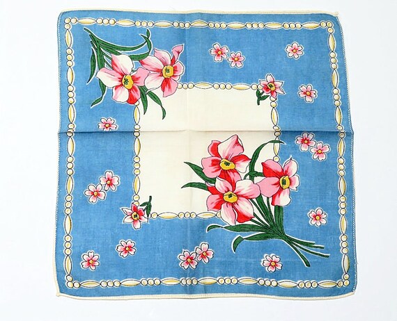 vintage handkerchief, blue, pink daffodils, flora… - image 2