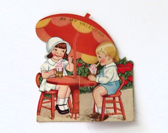 Vintage Valentine Card, girl and boy under red umbrella, stand-up card, 1950s, love & friendship, ephemera, printed in USA, Valentine's Day