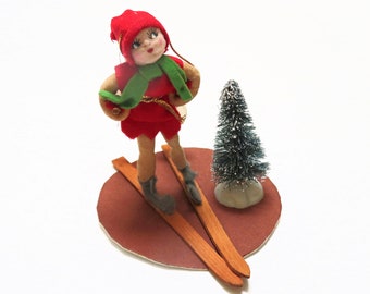 Vintage skier figurine, paper mache, miniature pose doll, Christmas decor, collectible dolls, fabric clothing, pixie, elf, skiing, RARE