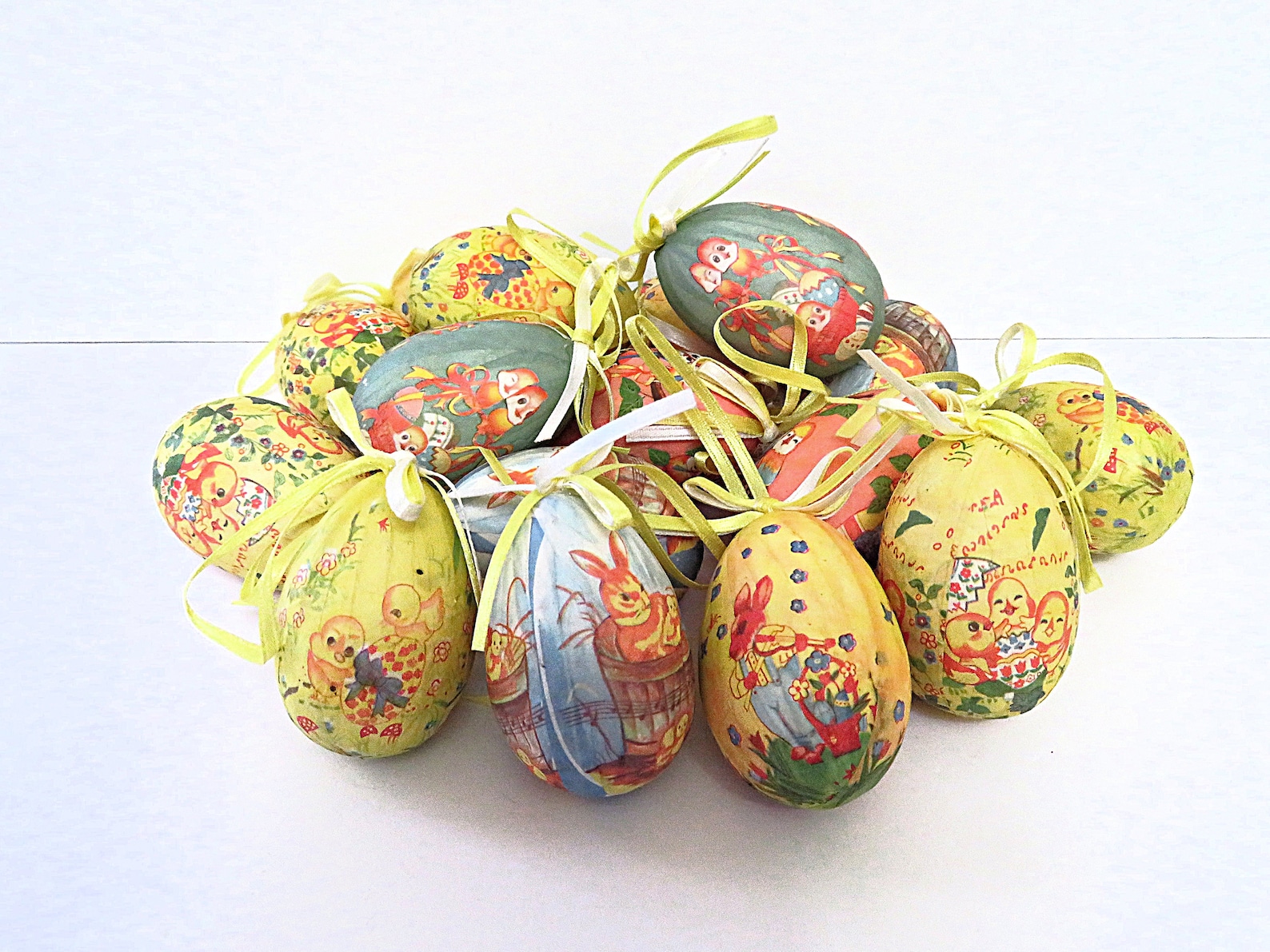 17 vintage Easter egg ornaments, paper wrapped and ribbon tied, pastel colors, chicks and bunnies, Easter decor, Easter eggs