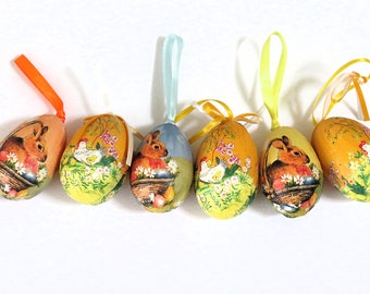 Lot of 6 paper mache Easter eggs, vintage Easter decor, hanging Easter egg ornaments, chickens, bunnies, flowers, collectibles